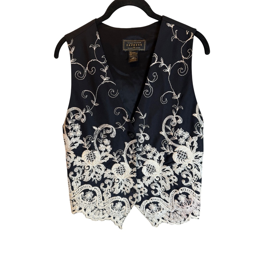 Vintage Express Embroidered Floral Vest Black White Button Front Waistcoat Small